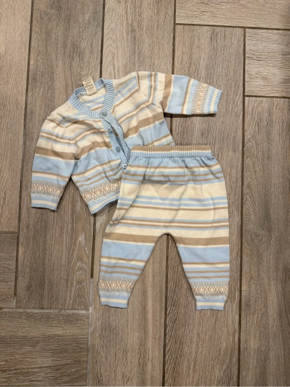 Baby Two-Piece 100%Cotton Cardigan & Pants Set - Light Blue/Cream/Tan